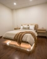 VALE FLOATING BOUCLE BED WITH SIDE TABLES