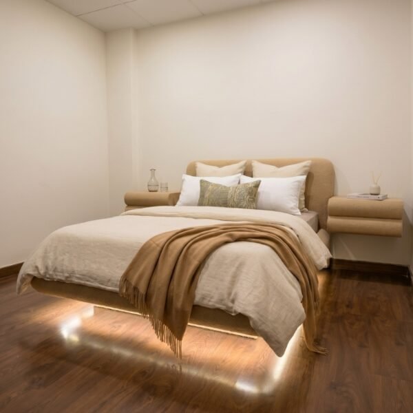 VALE FLOATING BOUCLE BED WITH SIDE TABLES