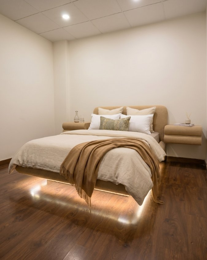 vale Live Beds Posts (8) VALE FLOATING BOUCLE BED WITH SIDE TABLES - Image 1